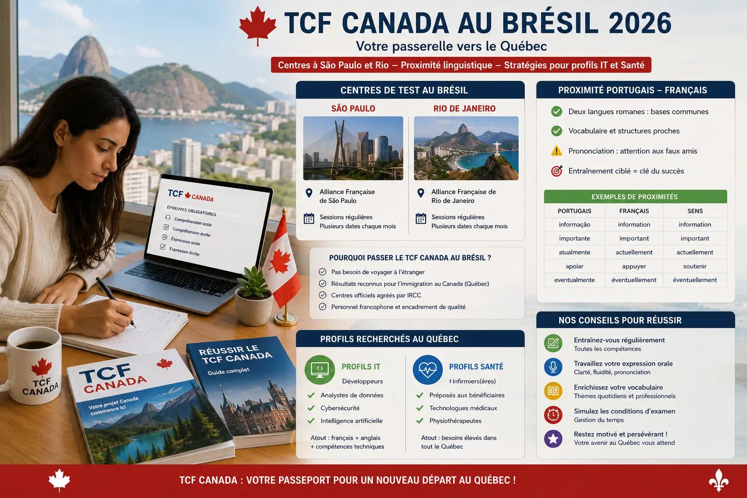 TCF Canada au Brésil 2026 : Centres de São Paulo et Rio, Proximité Portugais-Français et Stratégies Immigration pour Profils IT et Santé